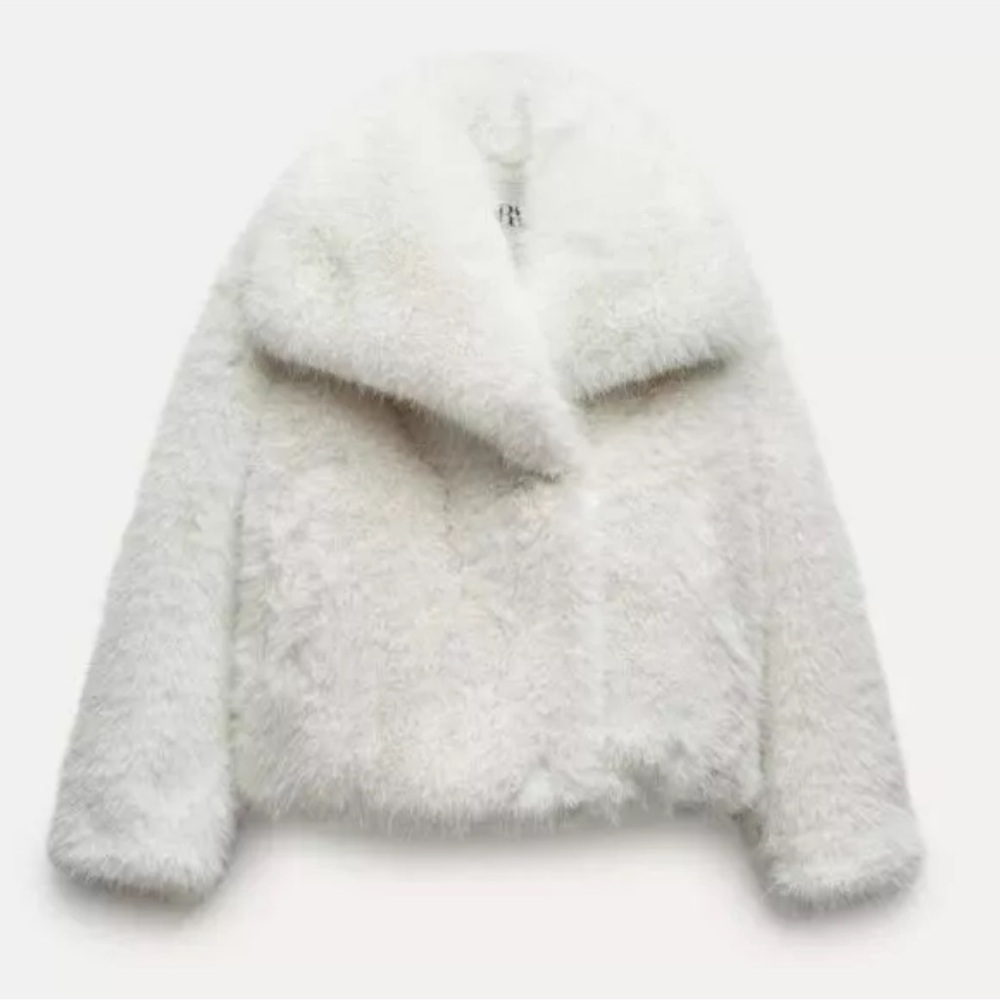 White Teddy Jacket with Plush Material and Oversized Collar